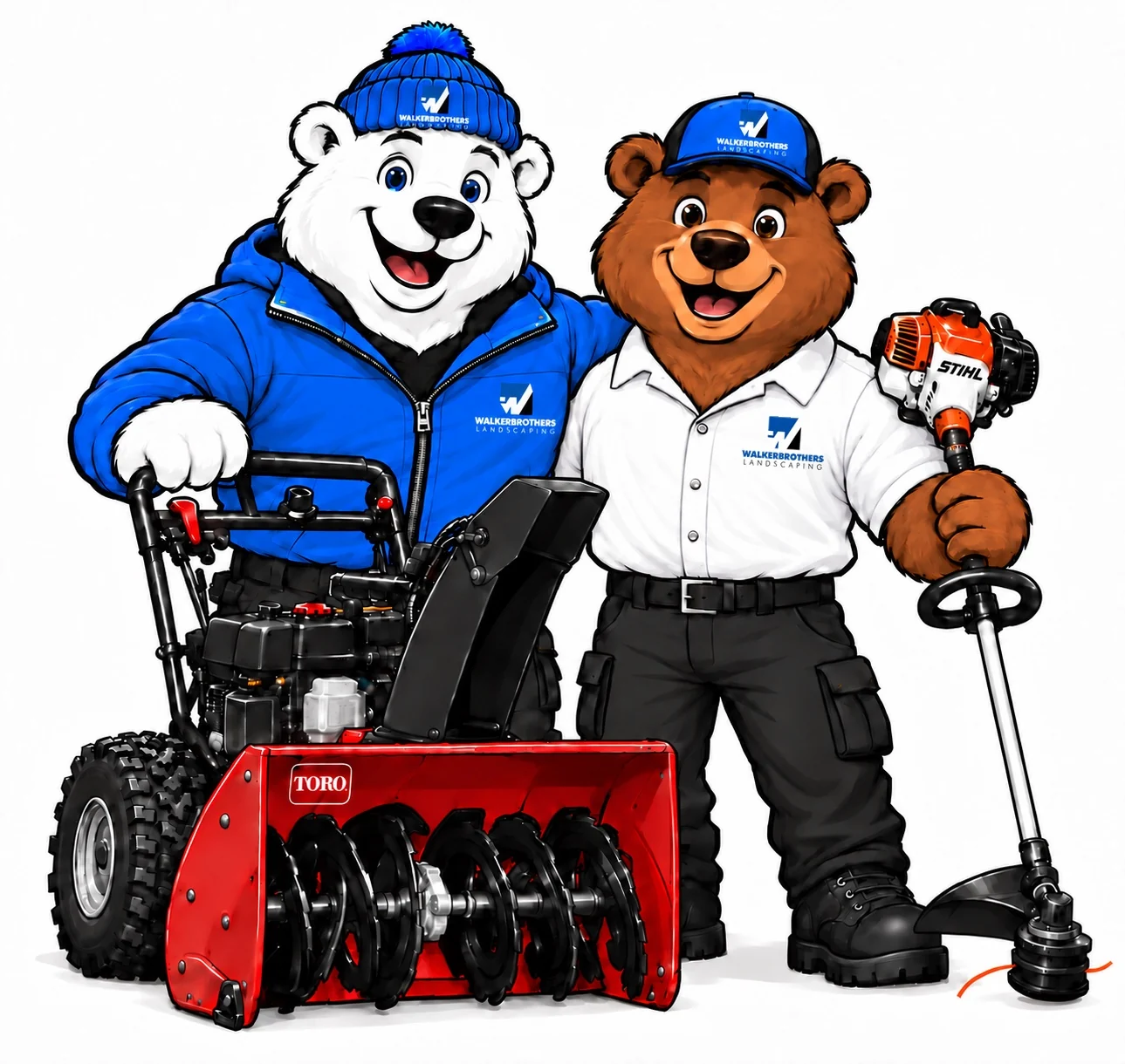 Seasonal mascot illustration: a polar bear in a blue jacket beside a brown bear in a white shirt, with a snowblower and landscaping trimmer