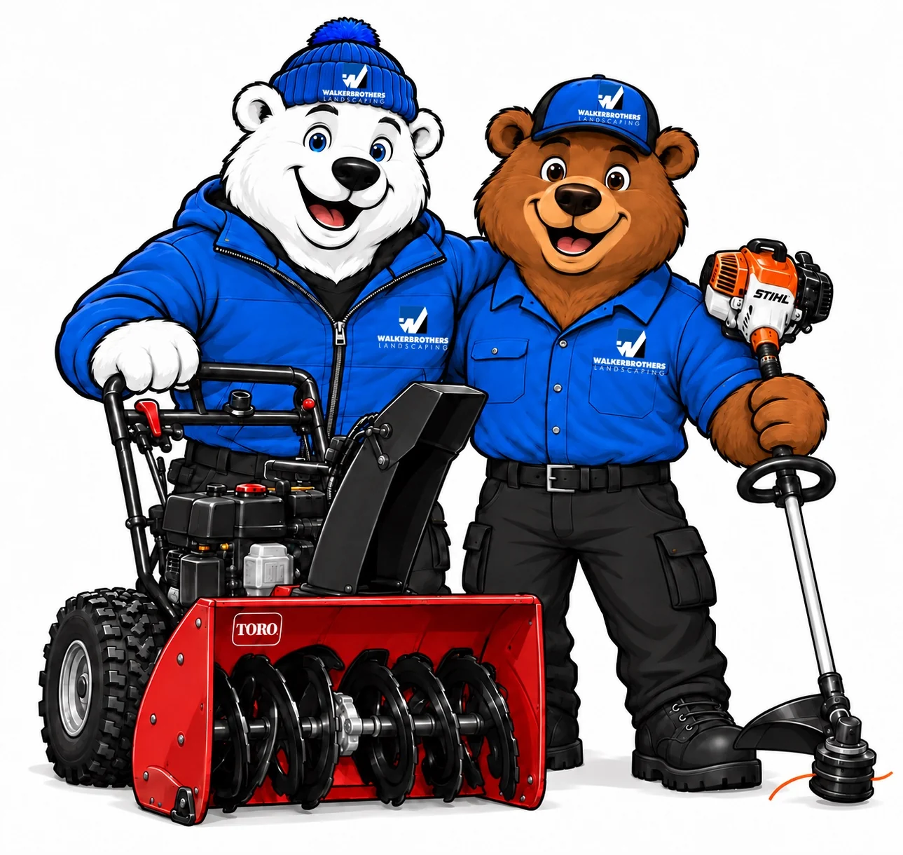 Seasonal mascot illustration: polar bear and brown bear both wearing blue Walker Brothers shirts, with a red snowblower and a trimmer