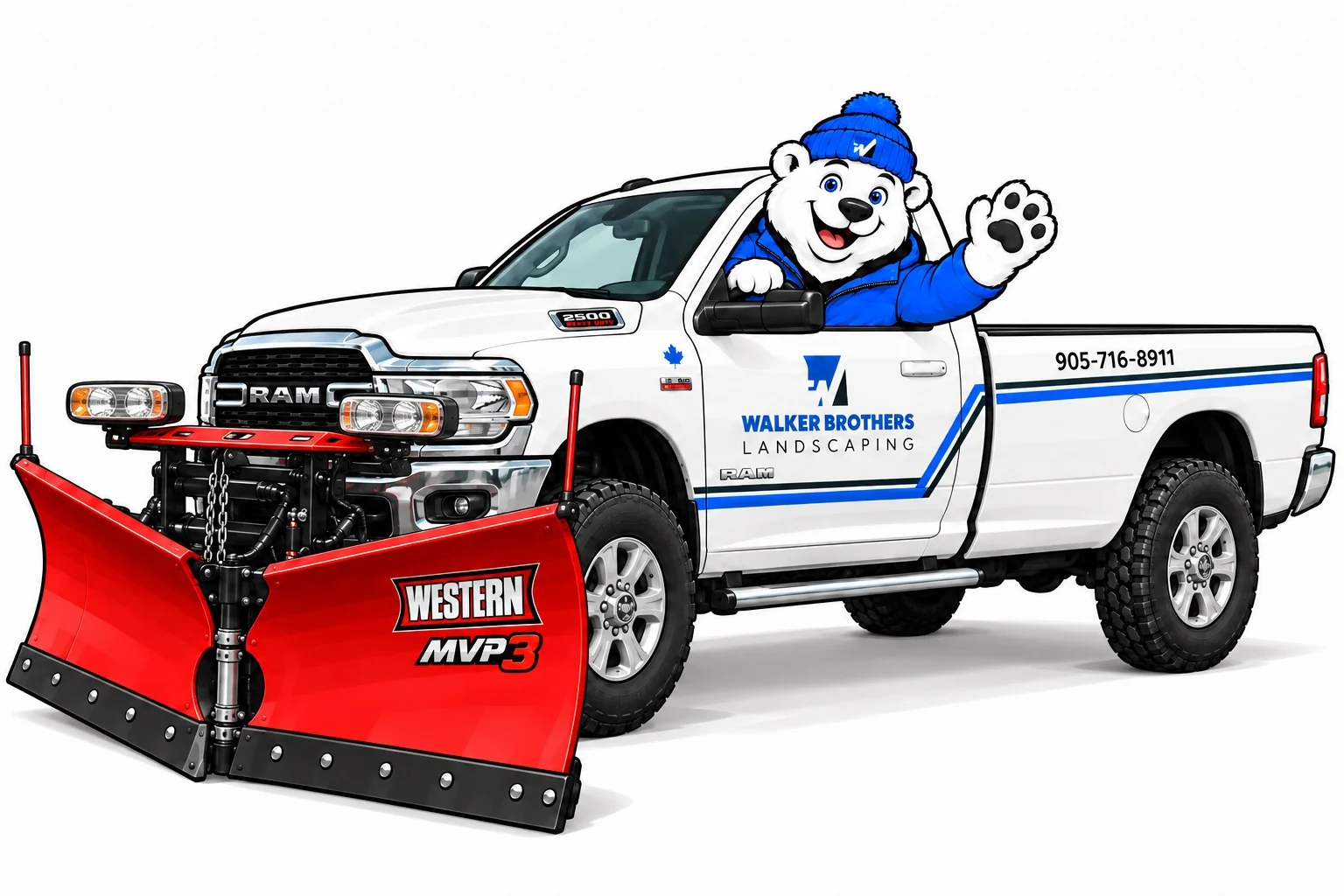 Snow Warriors illustration of a white Walker Brothers RAM truck with blue side stripes, a waving polar bear and a red Western MVP3 plow